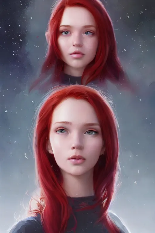 Prompt: beautiful cute red haired joyful and playful 1 9 year old girl, full portrait, long hair, sci - fi, fantasy, intricate, elegant, digital painting, artstation, concept art, smooth, sharp focus, 8 k frostbite 3 engine, ultra detailed, art by artgerm and greg rutkowski and magali villeneuve