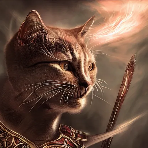 Image similar to a hyper realistic cat warrior, ultra detailed, magic the gathering art, digital art, cinematic, studio lighting, background battlefield, fantasy,