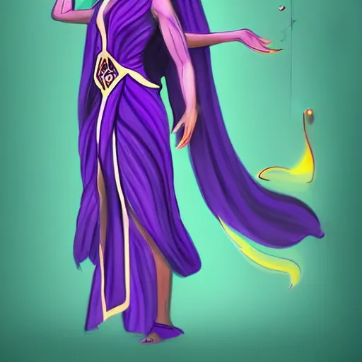 Prompt: mythical goddess from the 4th dimension wearing a comically long dress and robe, purple colors, character concept art, trending on artstation