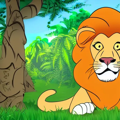 Prompt: Lion smiling in the jungle cartoon disney style