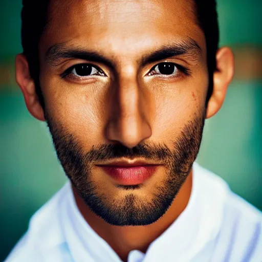 Prompt: color portrait of a very handsome peruvian male model by emmanuel lubezki