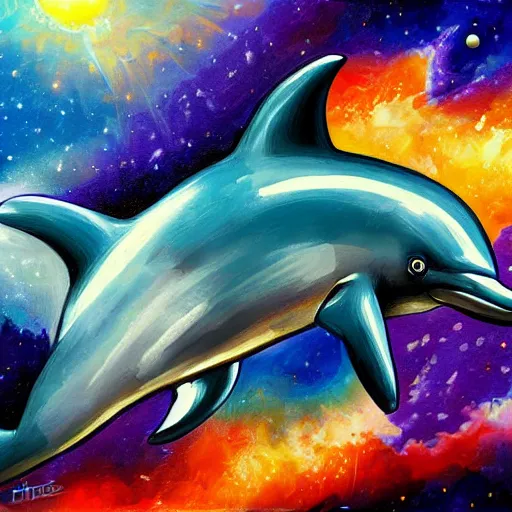 Image similar to painting, dolphin, cosmic background, artstation