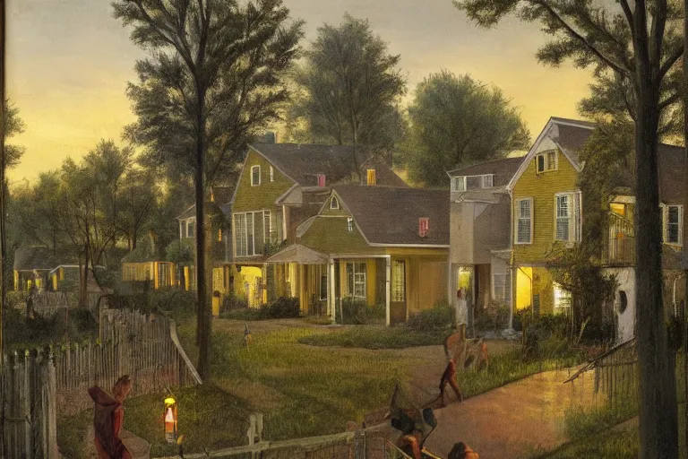 Image similar to Suburban neighborhood with pastel-colored colonial houses and hidden shadowy creatures with bright eyes by crewdson gregory, trees, wooden fences, candles, yellow fireflies, balcony