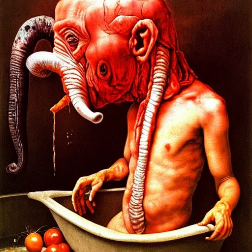 Image similar to a boy like eraserhead and elephant man sitting in a tub full of tomato sauce, looking straight into camera, screaming in pain, by giuseppe arcimboldo and ambrosius benson, renaissance, fruit, intricate and intense oil paint, a touch of beksinski and hr giger, realistic