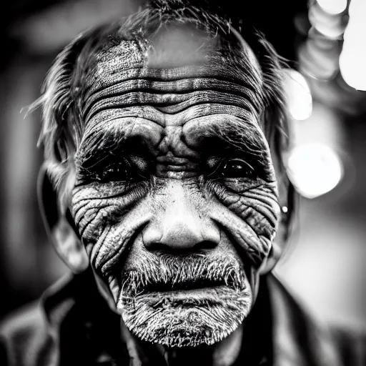 Image similar to Monochrome portrait of an intense old Nepali man on a rainy misty Kathmandu street at night, the only light source are bright overhead street lights, close-up, motion blur, grainy Tri-x pushed to 3200, 24mm tilt-shift, water drops on the lens, holga