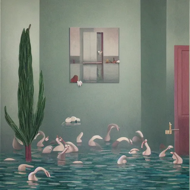 Image similar to painting of flood waters inside an apartment, tall female emo art student, a river flooding through a wall, tangelos, zen, pigs, ikebana, water, river, rapids, waterfall, black swans, canoe, pomegranate, berries dripping, acrylic on canvas, surrealist, by magritte and monet