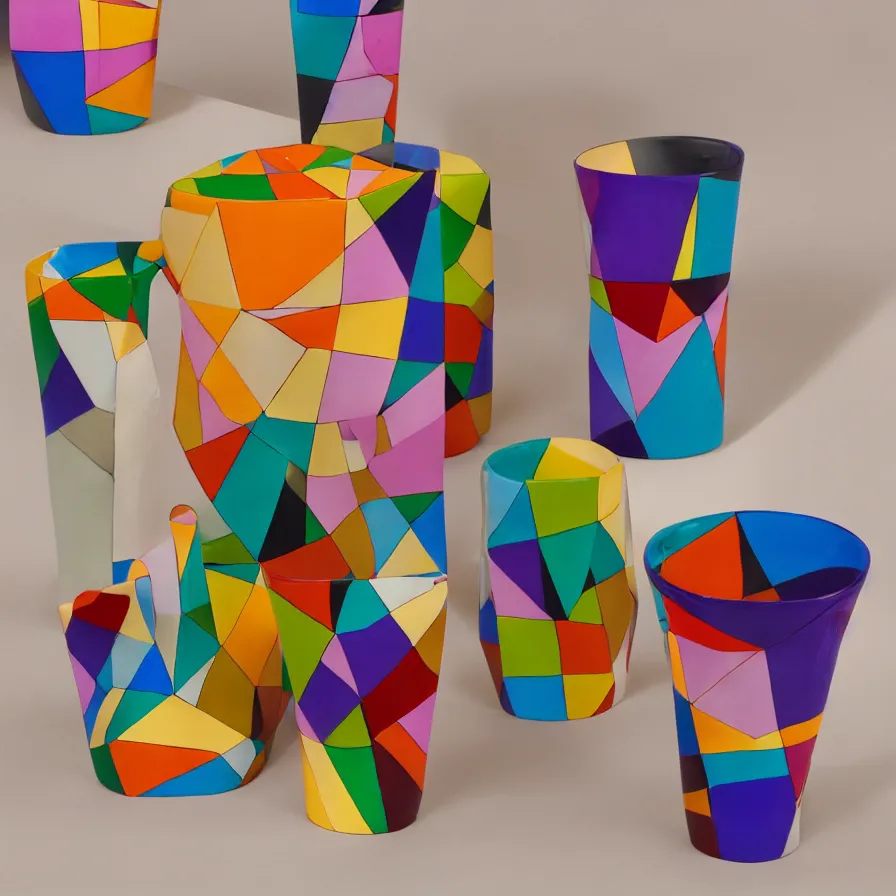 Prompt: beautiful ceramics studio photograph of a tall colorful geometric symmetrical fancy ceramic sculpture of a cup, glazed by paul klee and victor vasarely, placed on a polished wooden table, hyperrealism 8 k trending on artstation