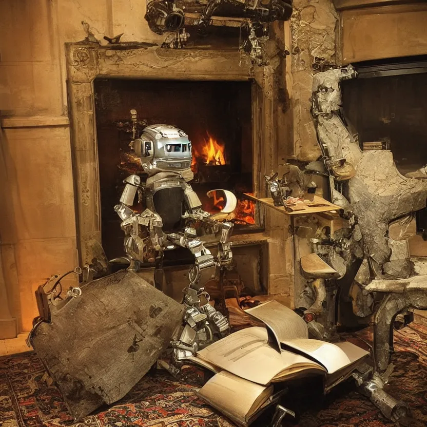 Image similar to “a lonely robot reads a book near a fireplace in a Victorian home., IMAX 70mm footage”