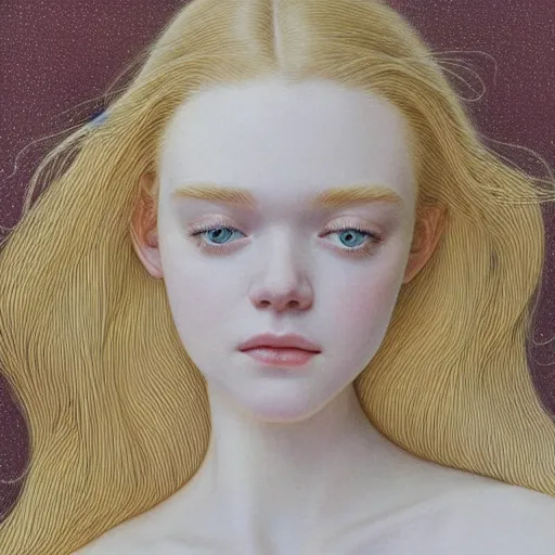 Prompt: Painting of Elle Fanning dreaming, long blonde hair, delicate, pale milky white porcelain skin, by Jean Giraud Moebius. 8K. Extremely detailed.