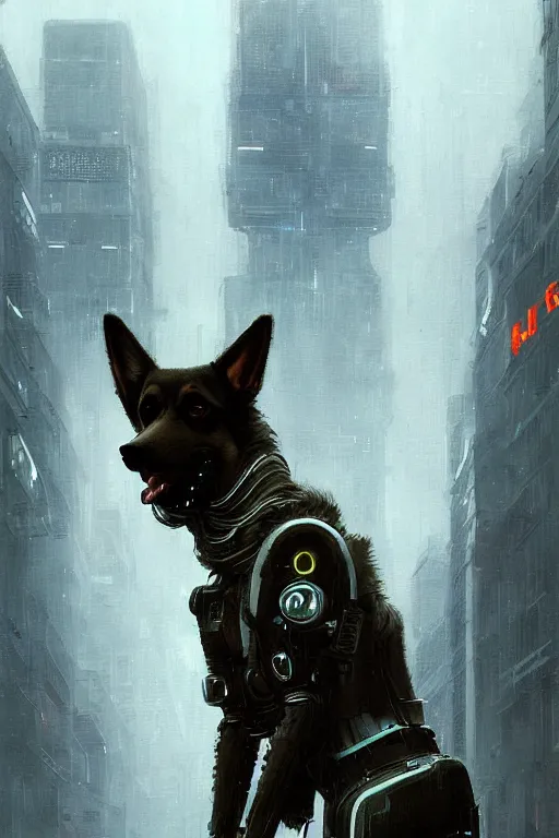 Image similar to new york city portrait of furry anthro anthropomorphic german shepard head animal person fursona wearing clothes strange cybernetic augmentations cyber muzzle robot body gloomy rainy cyberpunk digital art by Greg Rutkowski, Simon Stalenhag, trending on Artstation, CGSociety