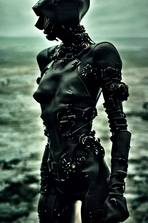 Image similar to mystic landscape, abstract black leather, gear mecha, beautiful woman body, detailed acrylic, grunge, intricate complexity, photo by greg rutkowski, high fashion, and by alberto giacometti, peter lindbergh