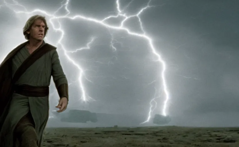 Image similar to screenshot portrait of Luke Skywalker fighting Emporer Palpatine force ghost, in a windy lightning battlefield with scattered ruins of a fiery jedi rock temple, iconic scene from 1970s film by Stanley Kubrick, last jedi, 4k UHD, cinematic lighting, beautiful portrait of Mark Hammill, moody scene, stunning cinematography, mcu effects, anamorphic lenses, kodak color film stock