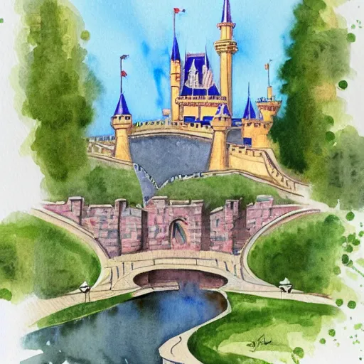 Image similar to a beautiful watercolour sketch print of the disney castle on a 3 0 0 gsm watercolour card