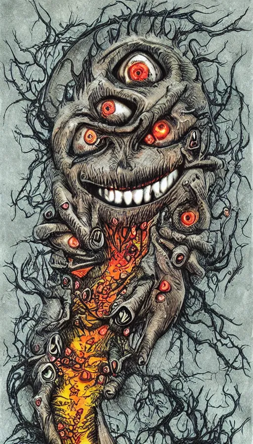 Image similar to a storm vortex made of many demonic eyes and teeth, by ed roth