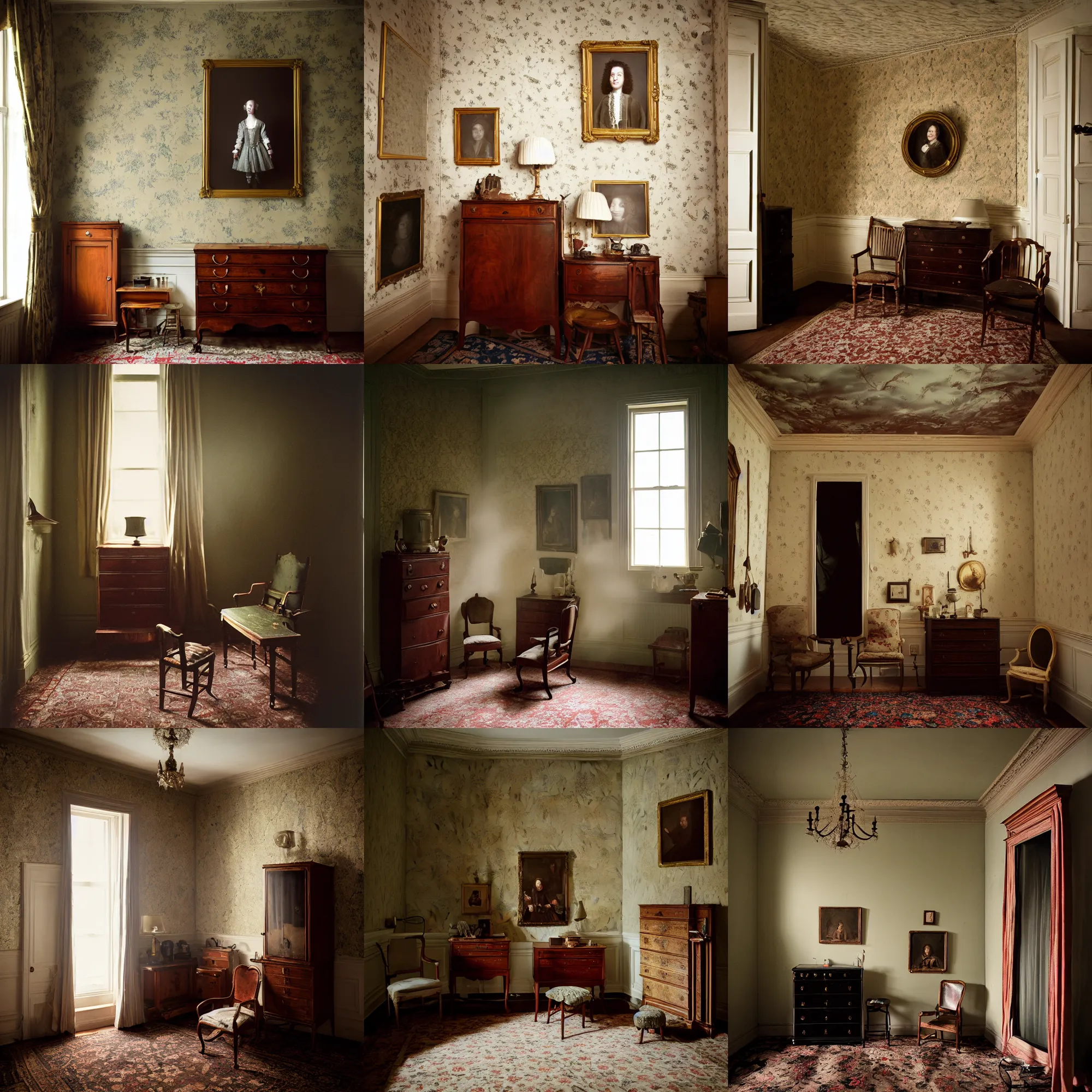 Prompt: kodak portra 4 0 0, wetplate, 8 mm extreme fisheye, award - winning portrait by britt marling of a 1 7 5 0 s room, the walking dead, picture frames, shining lamps, dust, smoke 1 7 5 0 s furniture, wallpaper, carpet, interior, muted colours, fog