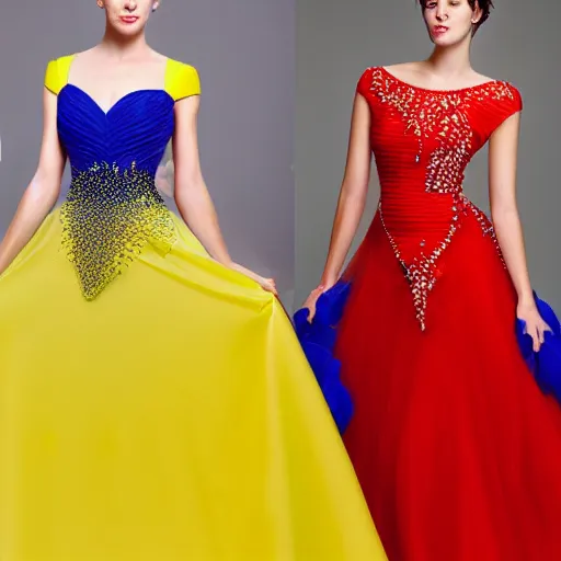 Image similar to A beautiful dress colored red, and blue, and yellow