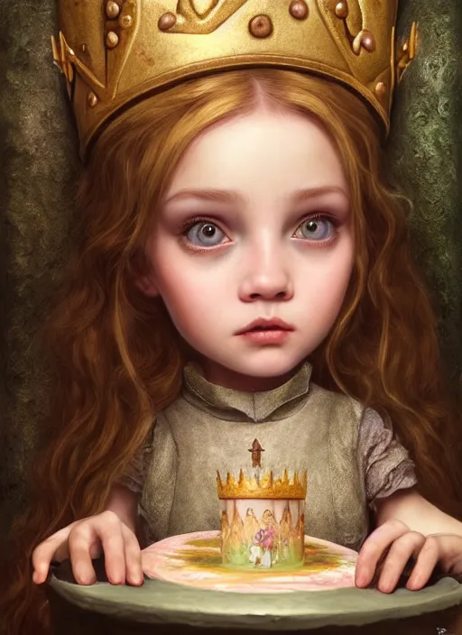 Prompt: highly detailed closeup portrait of an irish fairytale medieval princess eating cake, unreal engine, nicoletta ceccoli, mark ryden, lostfish, earl norem, global illumination, god rays, detailed and intricate environment