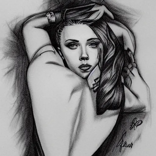 Prompt: tattoo of Scarlett Johansson, sketched by Loish, back tattoo
