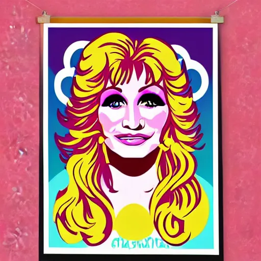 Image similar to 70s graphic design poster with a Dolly Parton’s face, flower child, groovy, retro, hippie, pink tones