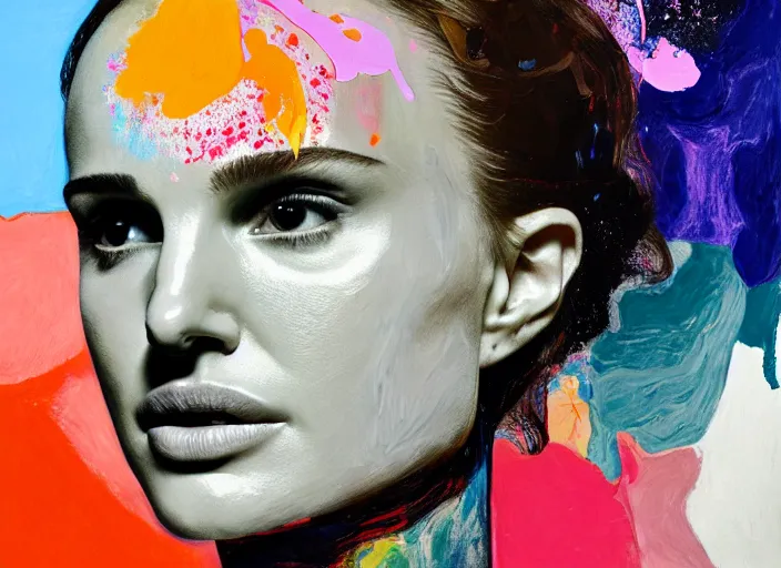 Prompt: portrait of natalie portman, by vincent lefevre and hernan bas and pat steir and hilma af klint, psychological, photorealistic, dripping paint, washy brush, rendered in octane, altermodern, masterpiece