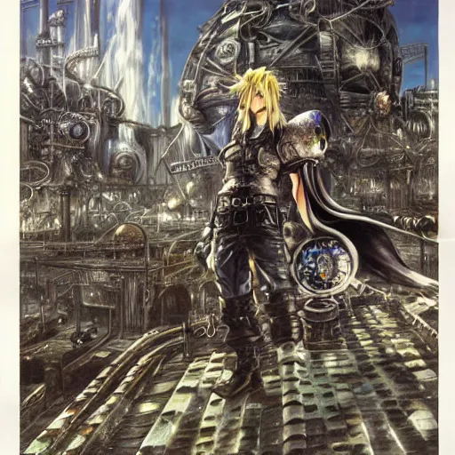 Prompt: conceptual art from from final fantasy 7, the steam punk city midgard by master artist yoshitaka amano