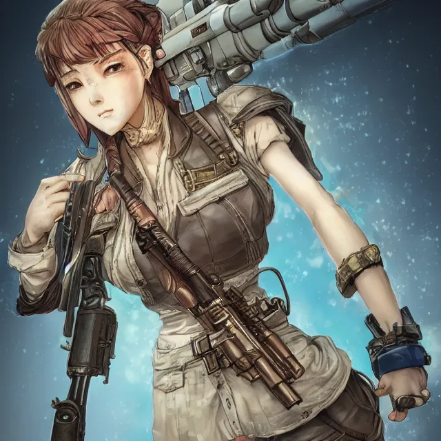 Prompt: the portrait of lawful neutral semi - colorful female infantry gunner as absurdly beautiful, gorgeous, elegant, young anime girl, an ultrafine hyperdetailed illustration by kim jung gi, irakli nadar, intricate linework, bright colors, octopath traveler, final fantasy, unreal engine 5 highly rendered, global illumination, radiant light, detailed and intricate environment