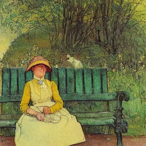 Prompt: an edwardian woman wearing a green dress sits on a bench by a pond in the moonlight, in the style of Carl Larsson