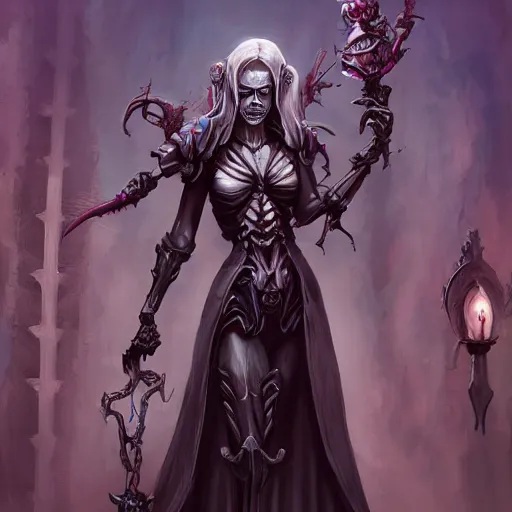 Image similar to beautiful female necromancer raising the dead, fantasy, highly detailed, digital painting, skeleton, trending on artstation, concept art, sharp focus, illustration, art by artgerm and nixeu, 2 d cg