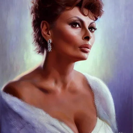 Image similar to stunning serene portrait of Sophia Loren by Mark Arian, oil on canvas, masterpiece, realism, piercing gaze, autumn bokeh