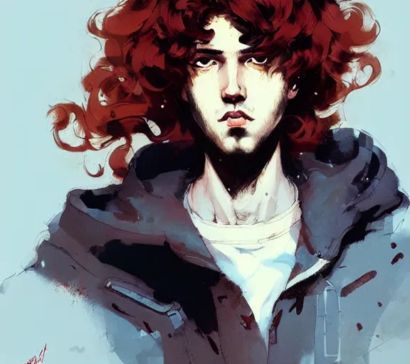 Prompt: portrait men with red curly hair and bright eyes atey ghailan, by greg rutkowski, by greg tocchini, by james gilleard, by joe fenton, by kaethe butcher, by ashley wood, dynamic lighting, gradient light blue, brown, blonde cream and white color scheme, grunge aesthetic