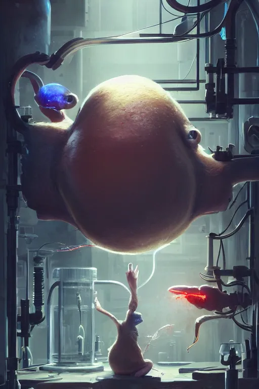 Image similar to many mechanics in lab facility looking at bloody disney mouse head lifted by claw, made by beeple, cgsociety, artgerm, greg rutkowski, highly detailed intricate 4 k art, low light cinematic, octane render, unreal engine, smooth concept art