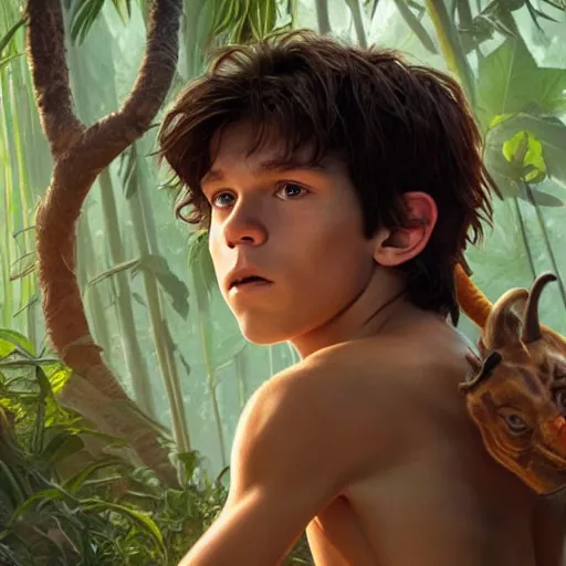 Image similar to skinny young tom holland as mowgli from the jungle book, dynamic lighting, path traced, atmospheric, highly detailed, high quality, beautiful painting, octane render, don bluth, ross tran, studio ghibli, alphonse mucha, jama jurabaev, extremely detailed, brush strokes, artstation, artgerm