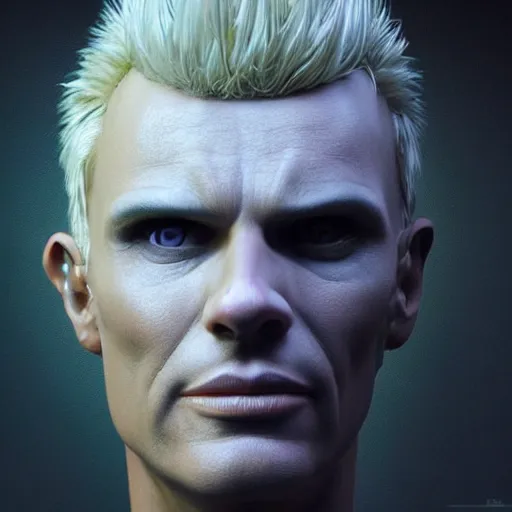 Prompt: hyperrealistic mixed media portrait of a Robot of Billy Idol forward angle, stunning 3d render inspired art by P. Craig Russell and Barry Windsor-Smith + perfect facial symmetry + dim volumetric lighting, 8k octane beautifully detailed render, post-processing, extremely hyperdetailed, intricate futuristic mechanic parts, epic composition, grim yet sparkling atmosphere, cinematic lighting + masterpiece, trending on artstation