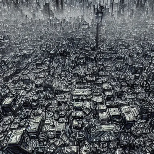 Image similar to airborne view apocalyptic city, buildings covered in shiny black tar slime, black shiny gooey tar on buildings, black shiny goo everywhere