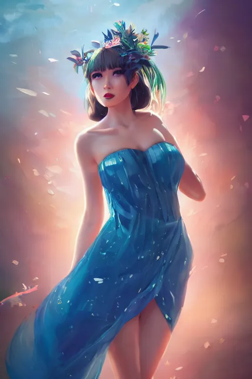 Image similar to a beautiful fashion goddness of love, chic strapless dress, tropical sea background, character design, in the style of artgerm, and wlop, cinematic lighting, hyperdetailed, 8 k realistic, symmetrical, global illumination, radiant light, frostbite 3 engine, cryengine, dof, trending on artstation, digital art