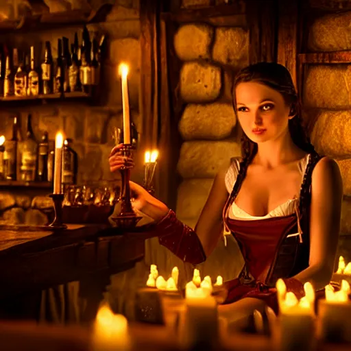 Prompt: young attractive beautiful bar maid in a medieval tavern illuminated by candles at night, wow 4 k detail fantasy, matte painting, realistic materials, photo realistic, postprocessing, cinematic, hyperrealistic, studio lighting, photography by richard jenkins