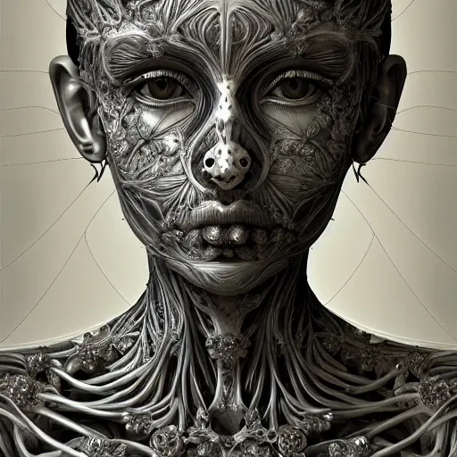 Image similar to beatifull frontal face portrait of a woman, 150mm, anatomical, flesh, flowers, mandelbrot fractal, symmetric, intricate, elegant, highly detailed, ornate, ornament, sculpture, elegant , luxury, beautifully lit, ray trace, octane render in the style of peter Gric and alex grey