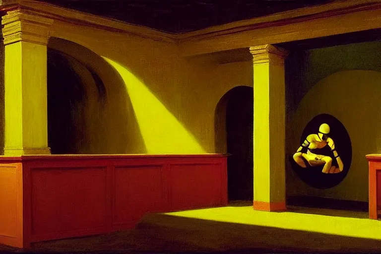 Image similar to yellow ranger, crowd screaming, an exposed picture in a roman theater is trying to be sold by an old man, in the style of beksinski, parts by edward hopper, parts by rodcenko, parts by yue minjun, intricate and epic composition, red by caravaggio, insanely quality, highly detailed, masterpiece, red light, artstation, 4 k