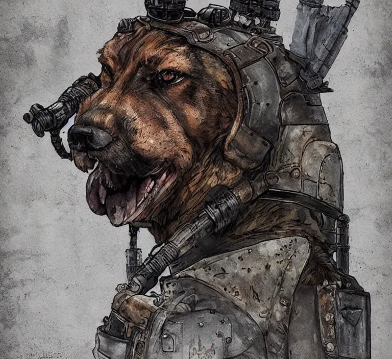 Image similar to a good ol'bloodhound dog fursona ( from the furry fandom ), heavily armed and armored facing down armageddon in a dark and gritty version from the makers of mad max : fury road. witness me.