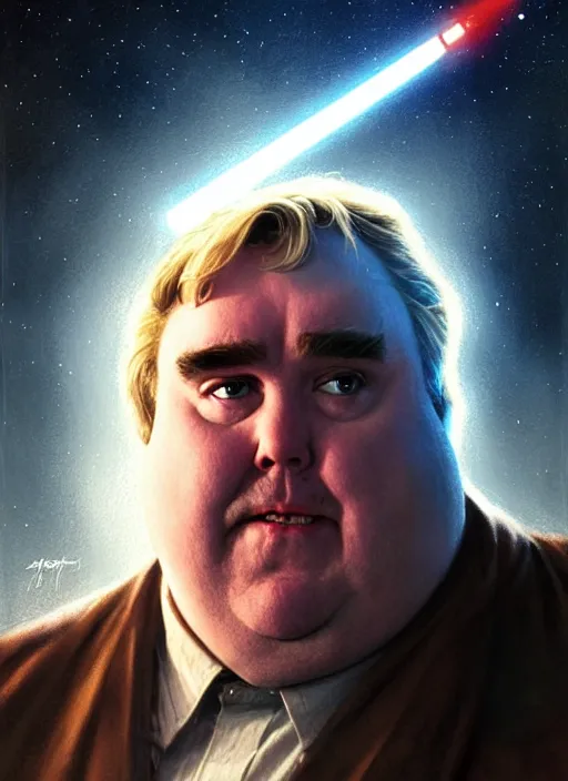 Image similar to hyper realistic, zoomed out portrait of a mega derpy john candy in star wars, stoned, by greg rutkowski, scott m fischer, artgerm, loish, slight glow, atmospheric, anne stokes, alexandros pyromallis