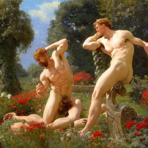 Image similar to hercules and achilles frolic in a meadow of beautiful flowers, large topiary and marble pillars in the background, painting by gaston bussiere, craig mullins, j. c. leyendecker, tom of finland