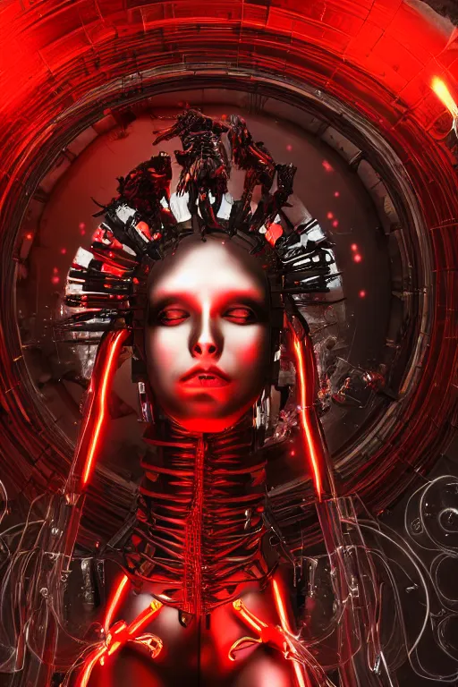 Image similar to full-body cyberpunk style sculpture of a young beautiful dark priestess, half android with a head opening exposing circuitry, glowing red eyes, black roses, flowing blood red colored silk, fabric, candles. baroque elements, human skull. full length view. baroque element. intricate artwork by caravaggio. crows flying in background. Trending on artstation, octane render, cinematic lighting from the right, hyper realism, octane render, 8k, depth of field, 3D