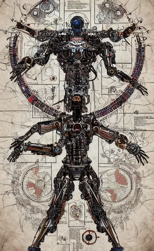 Image similar to anatomy of the vitruvian terminator, robot, cyborg, t 1 0 0, bloodborne diagrams, mystical, intricate ornamental tower floral flourishes, rule of thirds, technology meets fantasy, map, infographic, concept art, art station, style of wes anderson