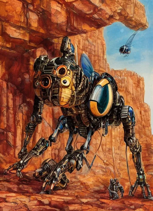Image similar to realistic physically based rendering of a giant mechanical robot wasp at the grand canyon by jack kirby!!! and simon bisley, epic, awesome trendy color palette, cinematic, diorama