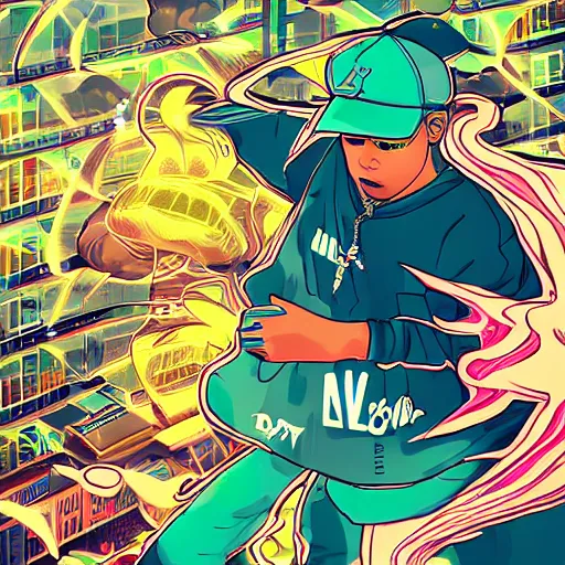 Image similar to rhyme storm, rapper throwing down a fresh flow, freestyle rapping rhythm game, videogame cover art, professional artist, vaporwave, detailed, 4k