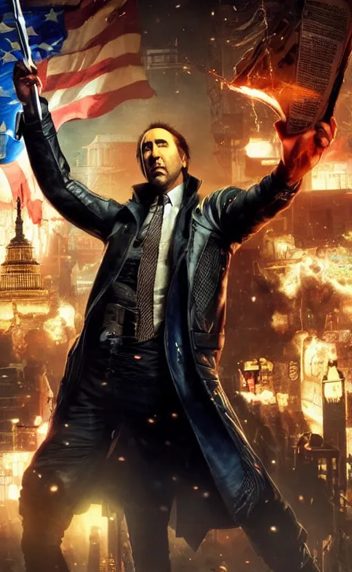 Prompt: nicolas cage holding the declaration of independence in cyberpunk 2077. Cinematic, hyper realism, realistic proportions, dramatic lighting, high detail 4k. Concept art by James Gurney and Laurie Greasley. ArtstationHQ. Creative character design for cyberpunk 2077.