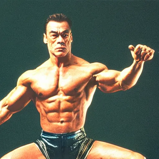 Image similar to jean-claude van Damme saluting by putting the tip of his foot against is head