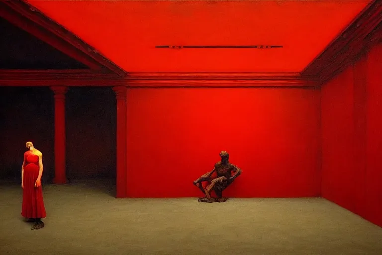 Image similar to only with red, crowd screaming, an exposed painting in a roman theater, in the style of beksinski, parts by edward hopper, parts by rodcenko, parts by yue minjun, intricate and epic composition, red by caravaggio, insanely quality, highly detailed, masterpiece, red light, artstation, 4 k