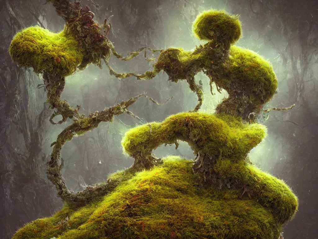 Image similar to a beautiful macro photography of moss with alien fungus, hyperdetailed, warm volumetric lights , made by Gerald Brom and Mike Winkelmann