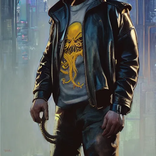 Prompt: greg manchess portrait painting of cthulhu in leather jacket as cyberpunk 2 0 7 7 character, medium shot, asymmetrical, profile picture, organic painting, sunny day, matte painting, bold shapes, hard edges, street art, trending on artstation, by huang guangjian and gil elvgren and sachin teng